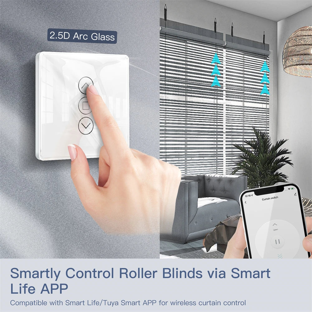 Tuya Smart 2.5D Arc Glass Touch Curtain Control Switch - WiFi Roller Blinds Shutters Control via SmartLife Google Alexa Apps