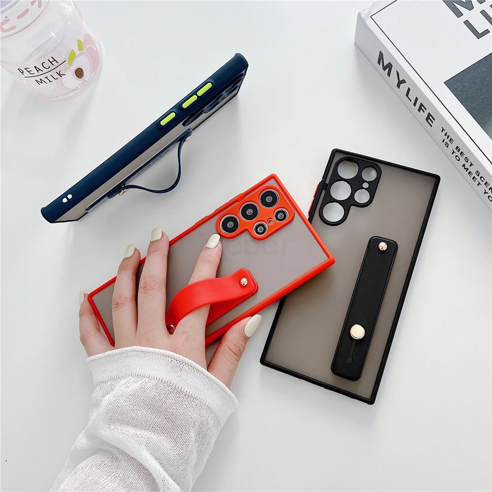 Luxury Matte Lens Protect Case with Hand Strap For Samsung S25 S24 S23 S22 S21 S20 S10 S9 Ultra Plus FE