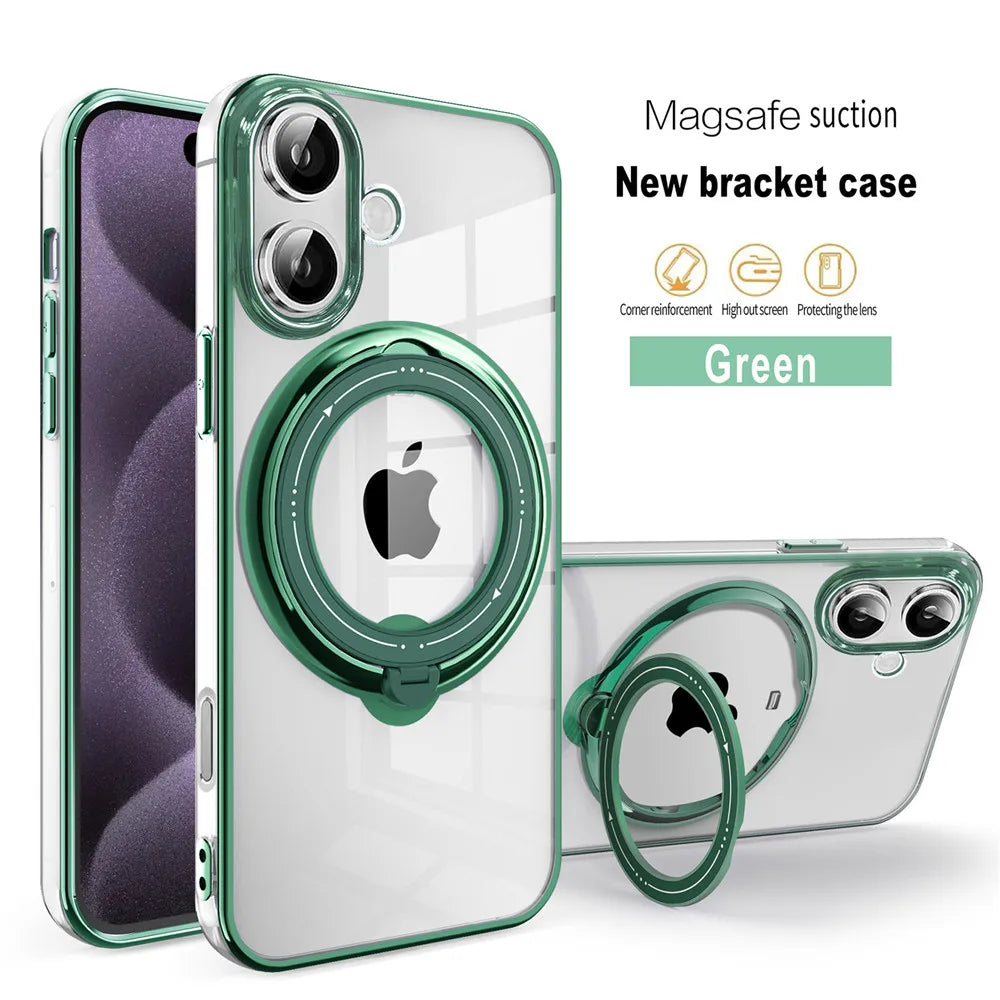 Luxury Plating Magsafe Case with Ring Holder Stand For iPhone 15 16 14 13 12 11 Pro Max XS Max XR 7 8 Plus Transparent Stand Cover