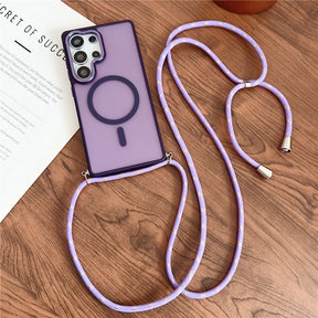 Purple phone case with an integrated crossbody strap.