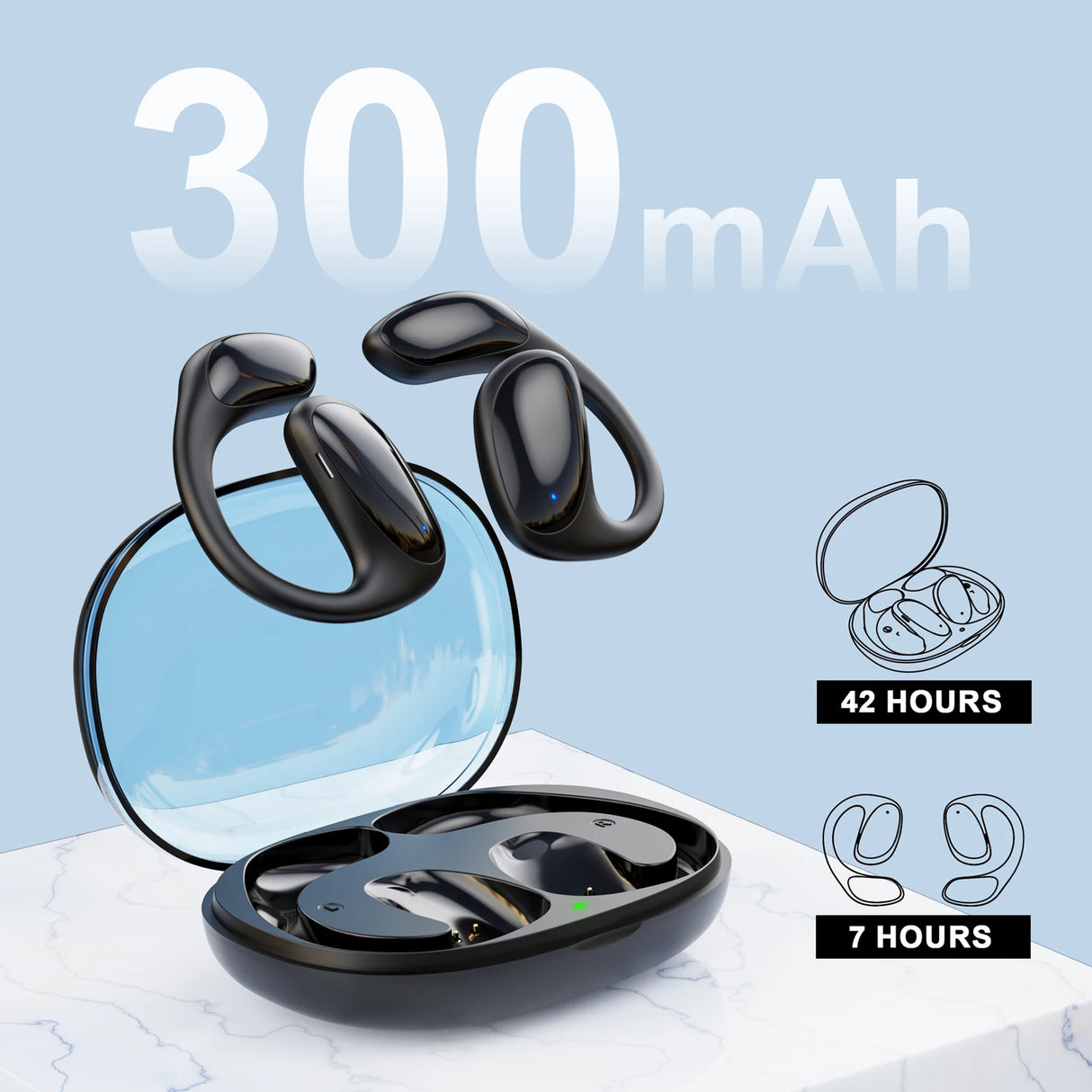 Black open-ear earbuds with charging case.