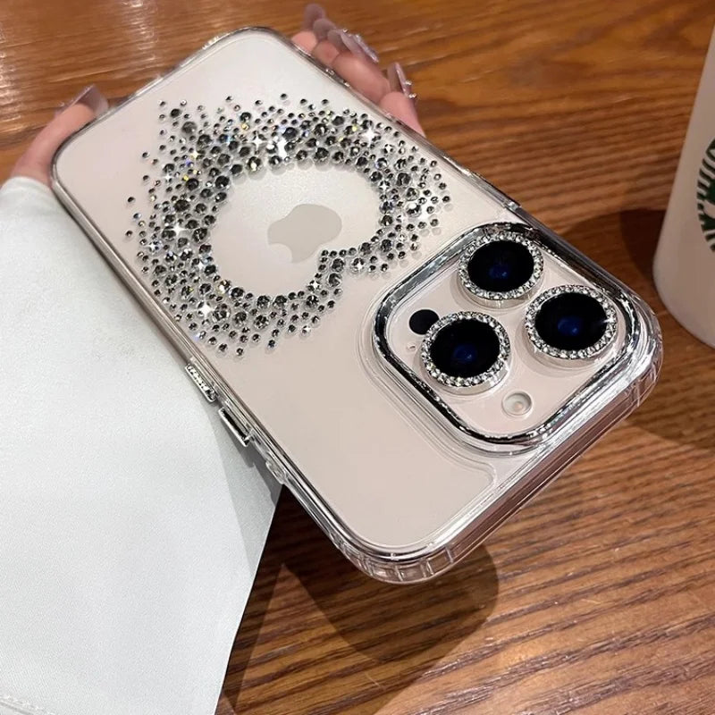 Rhinestone-studded heart phone case.