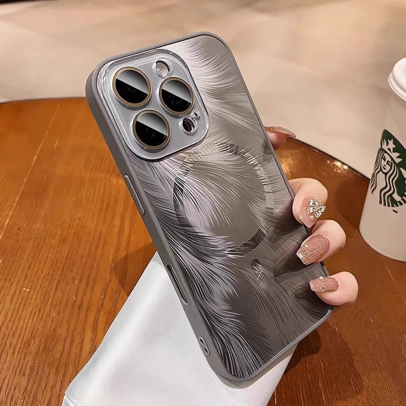 Luxury MagSafe Aurora Feather Finish Lens Protect Case For iPhone 16 15 14 13 12 Pro Max Plus