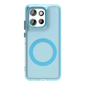 Light blue transparent smartphone case with a prominent camera cutout and a circular magnetic ring.