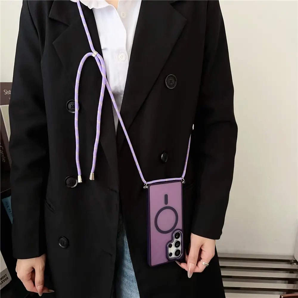Luxury Matte Wireless Charge Lens Protect Case with Strap For Sasmung