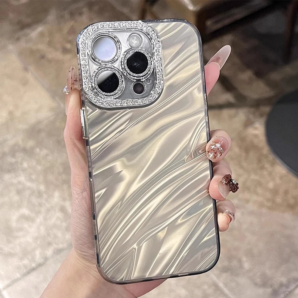 Luxury Glitter Water Ripple Design Lens Protect Case For iPhone 16 12 13 14 15 11 Pro Max Plus