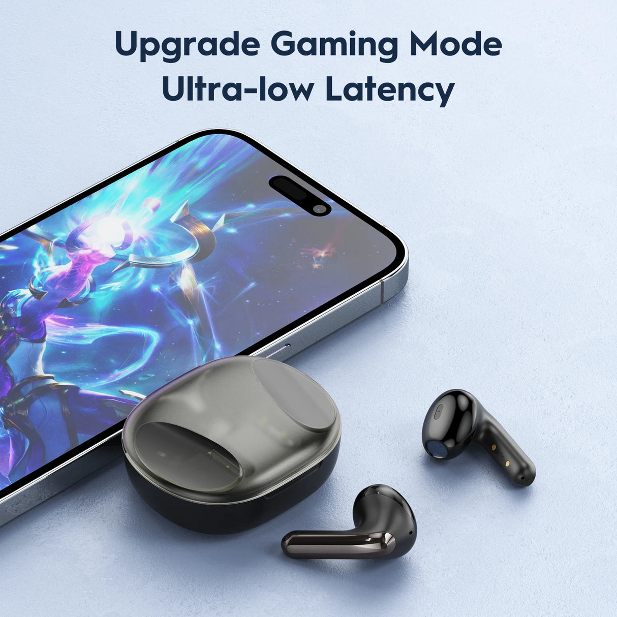 Wireless gaming earbuds with charging case.