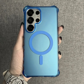 A light blue translucent phone case with a blue MagSafe ring and an integrated camera bump protector.