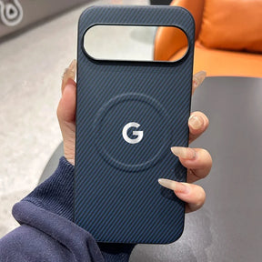 Dark blue carbon fiber Google Pixel phone case with a mirror accent.