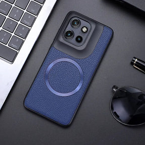 Blue textured phone case with a black camera module and an integrated magnetic ring.