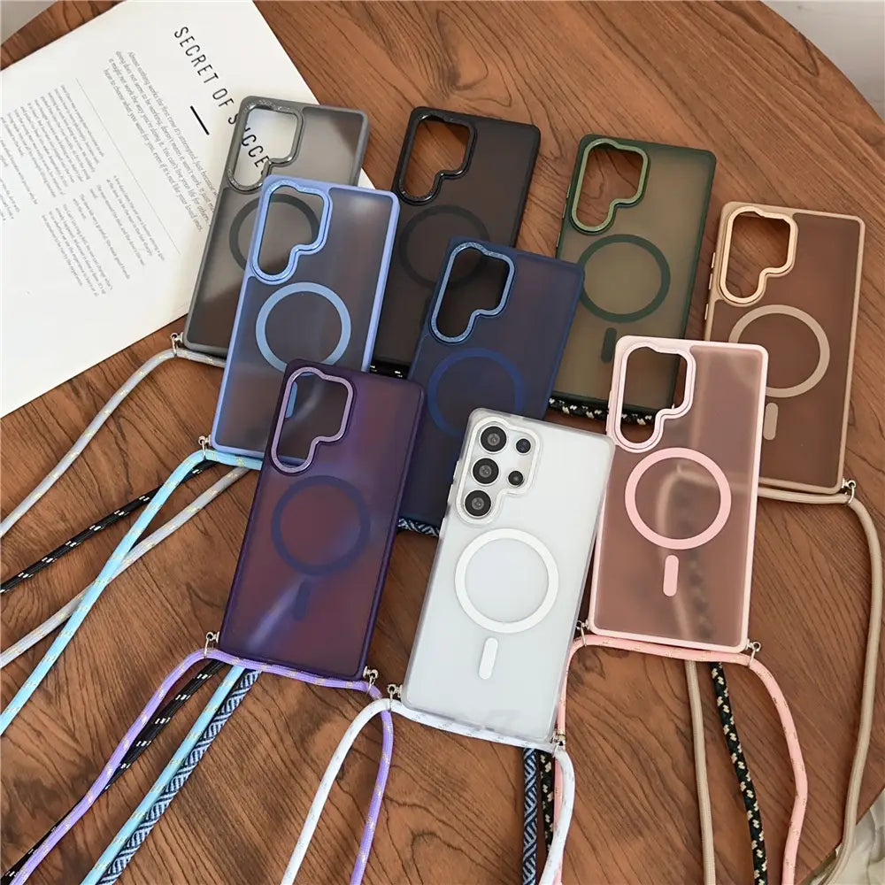 Luxury Matte Wireless Charge Lens Protect Case with Strap For Sasmung