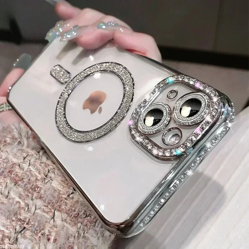 Luxury MagSafe Bling Glitter Case with Crystal Lens for iPhone 16 15 14 13 12 11 Pro Max Plus Wireless Charge Cover