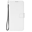 White faux leather wallet-style phone case with a wrist strap and magnetic clasp.