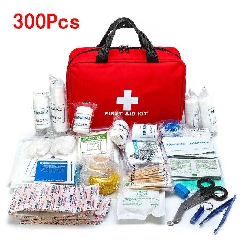 a first aid kit with a red bag