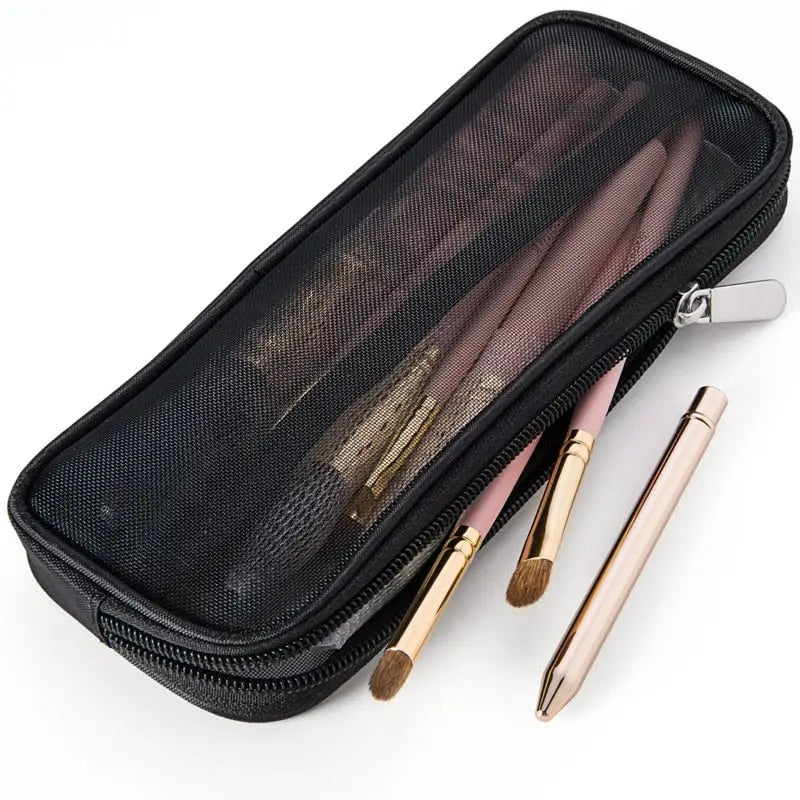a black pencil case with a pen and a pen