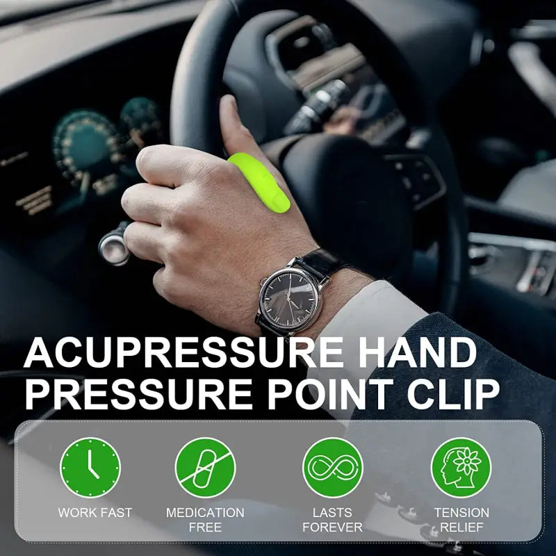 a person driving a car with the text,’pressure hand pressure point ’