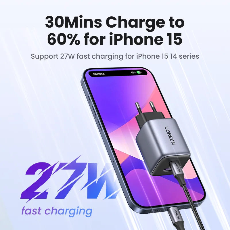 Fast-charging adapter and cable for iPhone 15 with 27W capability.
