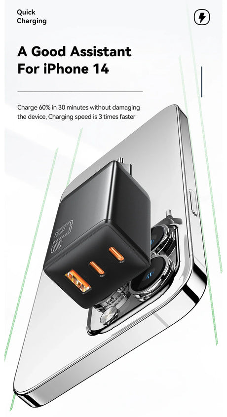 Fast-charging adapter for iPhone 14 with multiple USB ports.