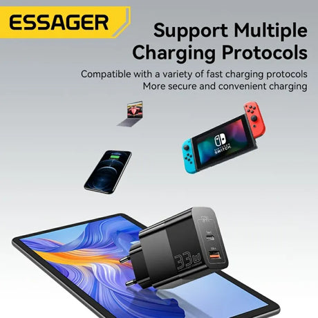 Charging adapter with multiple USB ports compatible with various devices like smartphones, tablets, laptops, and gaming consoles.