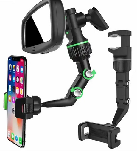 Adjustable car mount for smartphones with multiple attachment points and a rearview mirror clip.