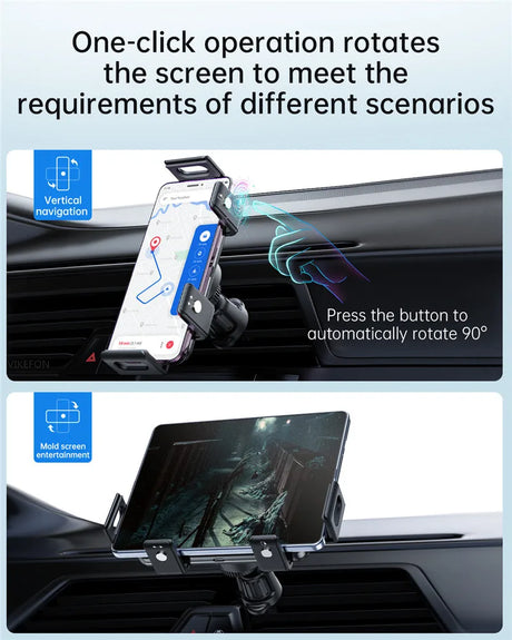 Adjustable car phone mount with screen rotation capability.