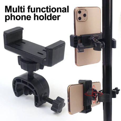 Adjustable clamp-style phone holder with multiple mounting options.