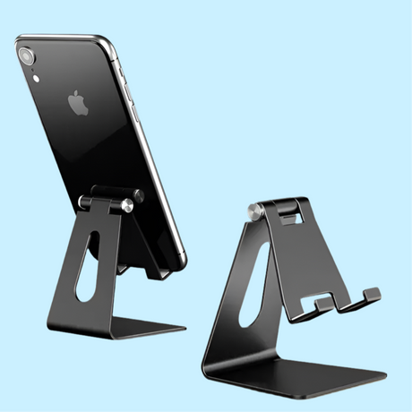 Adjustable metal smartphone stand with a sleek black finish.