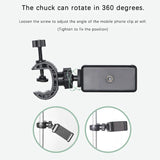 Adjustable mobile phone mount with a 360-degree rotating chuck and clamp mechanism.