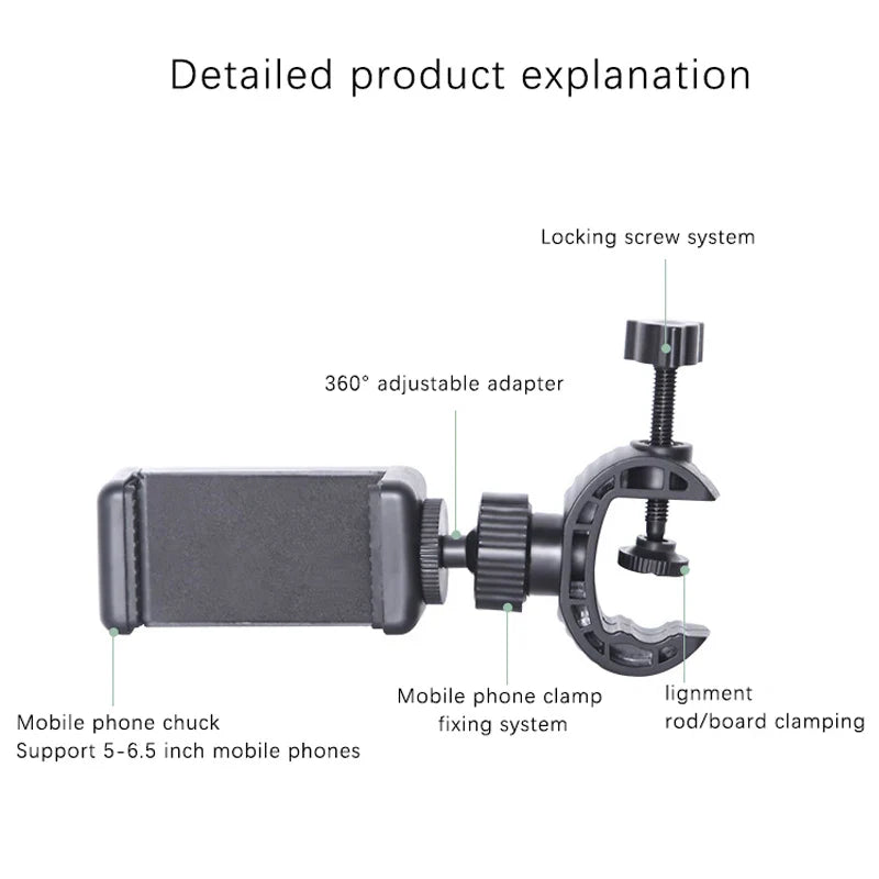 Adjustable mobile phone mount with clamp and locking screw system for attaching to surfaces.