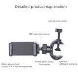 Adjustable mobile phone mount with clamp and locking screw system for attaching to surfaces.