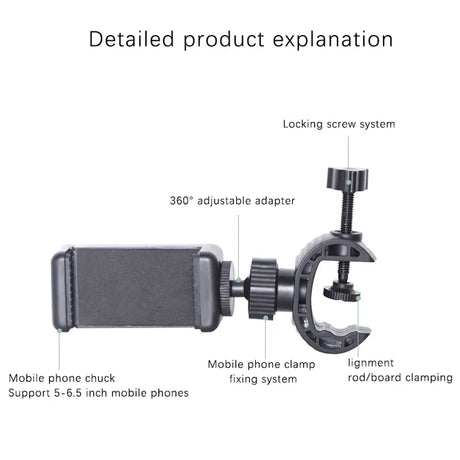 Adjustable mobile phone mount with clamp and locking screw system for attaching to surfaces.