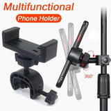 Adjustable phone holder with clamp and rotating arm for versatile mounting.