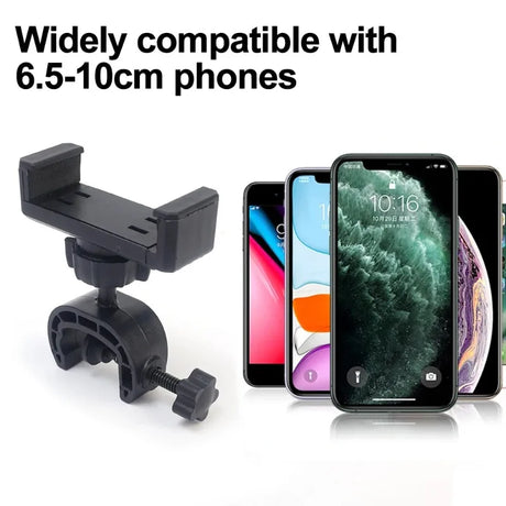 Adjustable phone mount or holder for attaching smartphones to various surfaces.