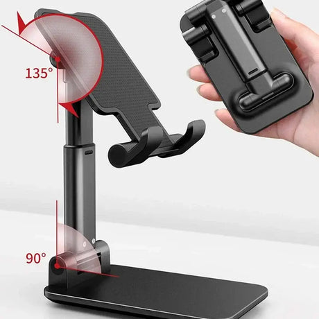 The adjustable phone stand is shown with a hand holding the phone