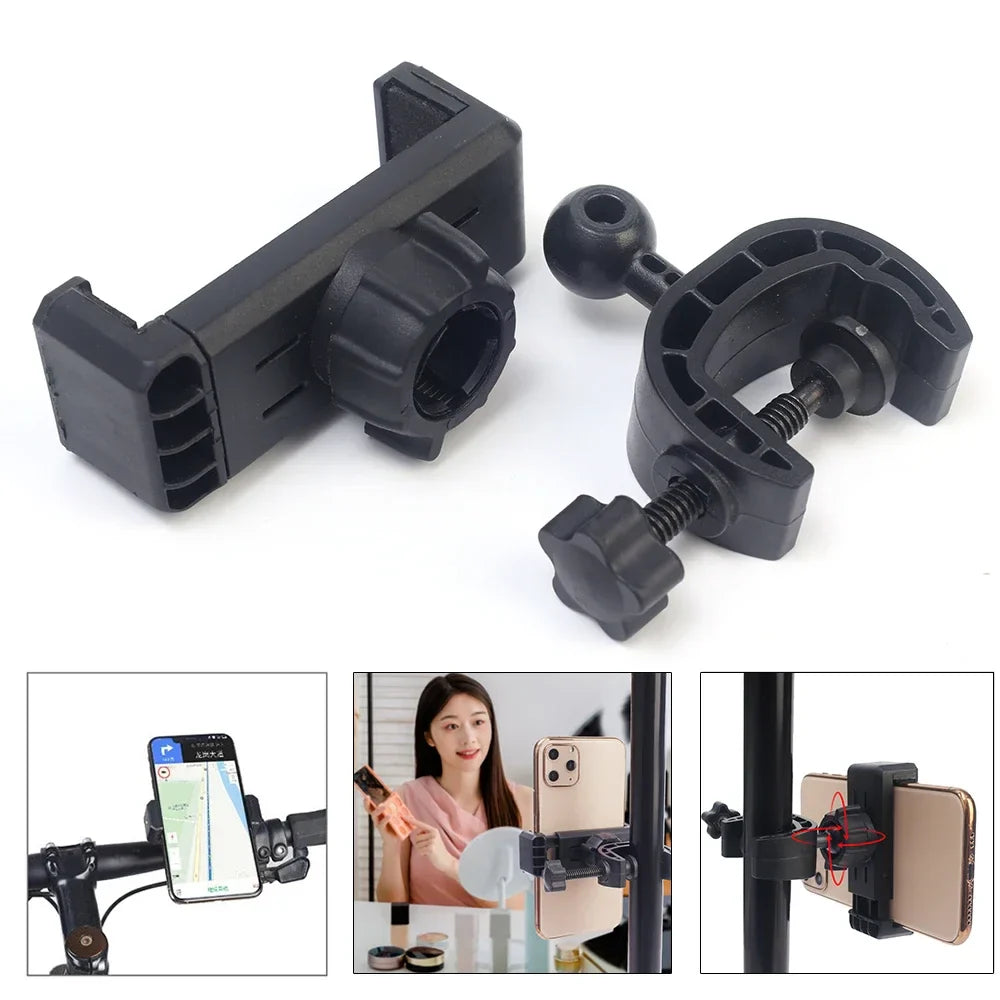 Adjustable plastic phone mount or holder with clamp mechanism.