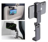 Adjustable smartphone holder with clips for mounting on various surfaces.