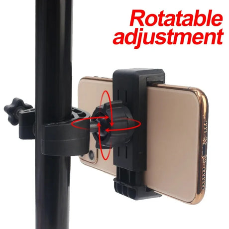 Adjustable smartphone mount with rotatable feature for attaching to poles or stands.