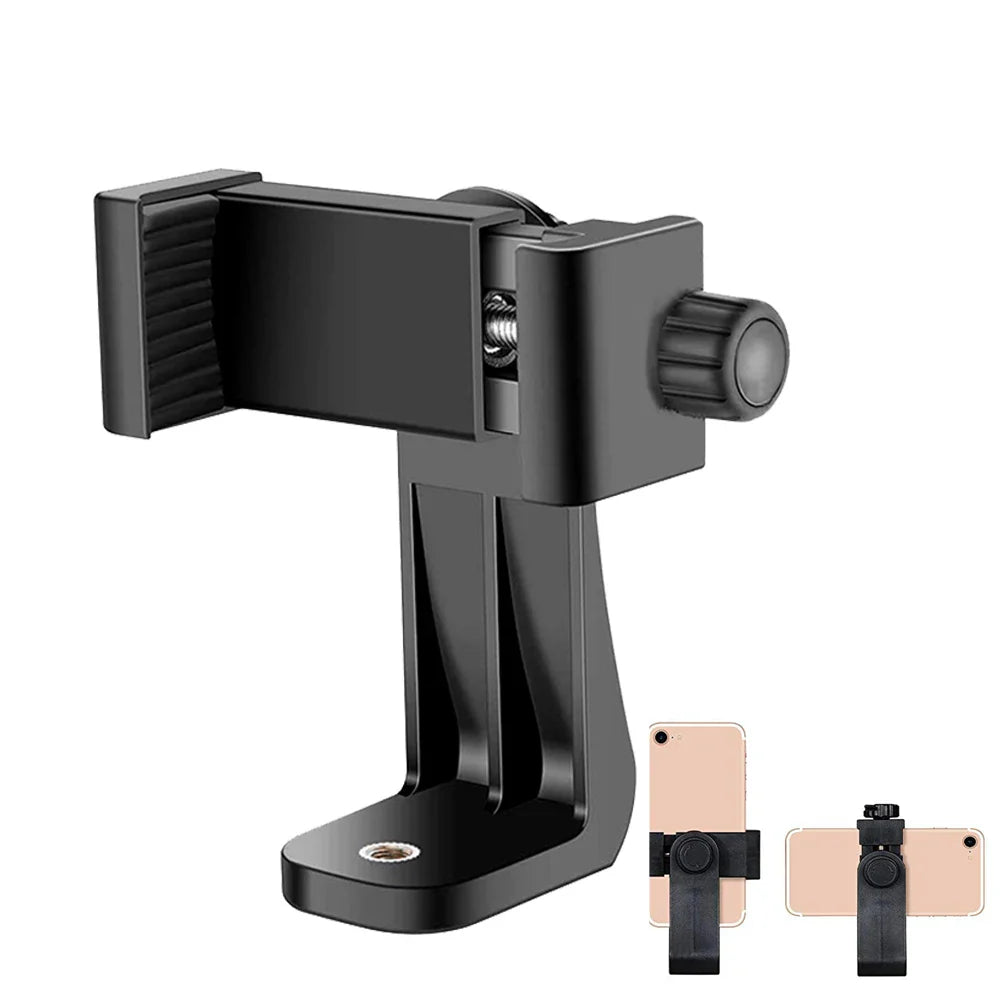 Adjustable smartphone tripod mount or holder with a rotating clamp mechanism.