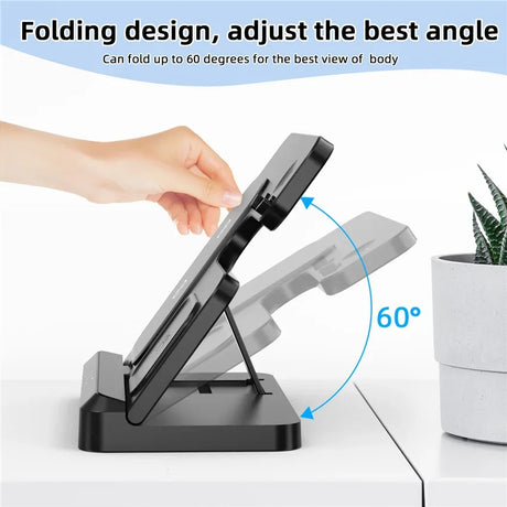 Adjustable folding stand for electronic devices that can tilt up to 60 degrees.