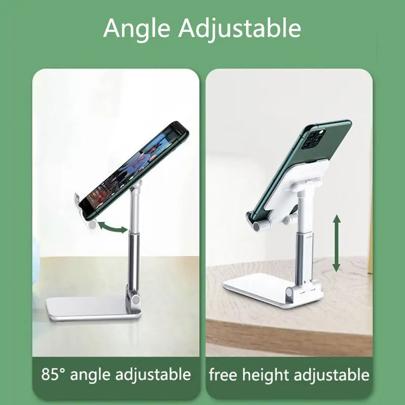 an adjustable tablet stand with a phone on top