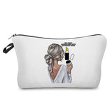 a woman holding a glass of wine cosmetic bag