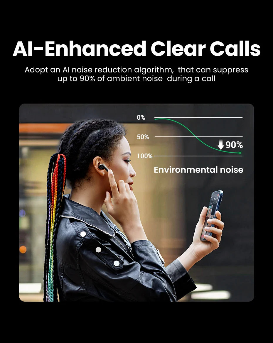 Advertisement for AI-enhanced clear call technology that reduces ambient noise during phone conversations.