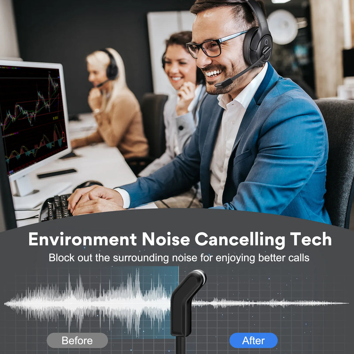 Advertisement for noise-cancelling technology in a call center or office environment.