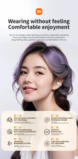 Advertisement for Xiaomi wireless earbuds featuring a smiling woman with purple-tinted hair.