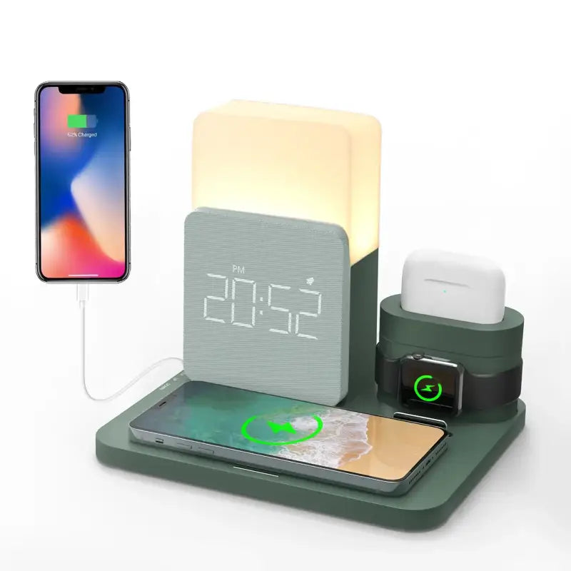 The alarm clock is on display with a phone
