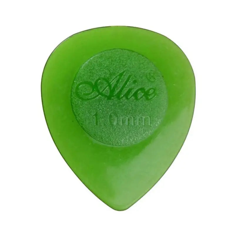 a green guitar pick with the word’s on it