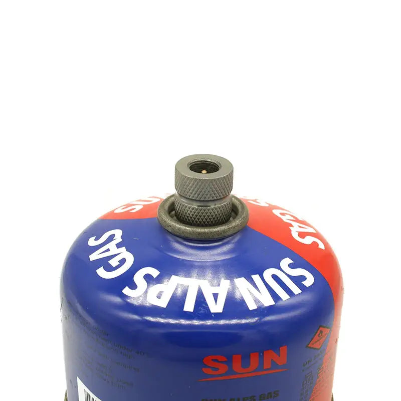 a blue gas can with a red and white cap