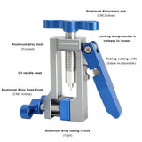 a close up of a clamp with a metal handle and a blue handle