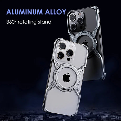 Aluminum alloy phone case with a 360° rotating stand for iPhones.