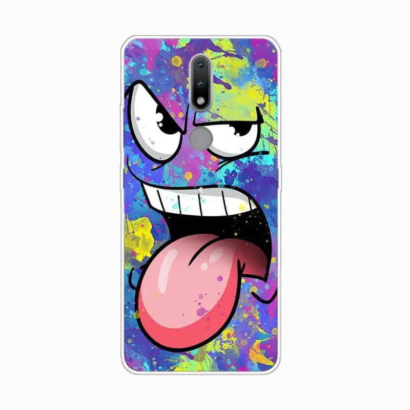 a colorful cartoon character with tongue sticking out of his mouth